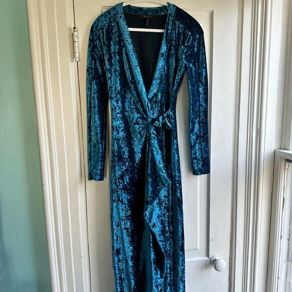 BCBGMaxAzria Velvet Ruched Wrap Dress Blue - Picture 2 of 8